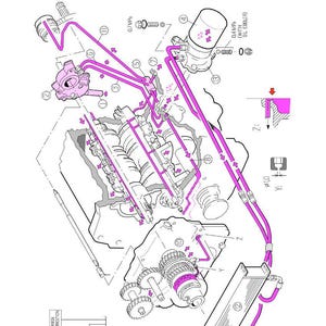 Pode incluir: Diagrama t&eacute;cnico de um sistema de lubrifica&ccedil;&atilde;o da caixa de velocidades, com bomba, radiador e outros componentes. O diagrama inclui r&oacute;tulos de texto e medi&ccedil;&otilde;es, com linhas cor-de-rosa indicando o fluxo de fluido. O t&iacute;tulo "42. GEARBOX" est&aacute; no topo.