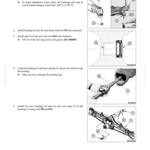 May include: Diagram of front axle overhaul procedures. Instructions include installing bushings, seals, and axle shafts using tools D7, D9, D10, D8, and D11. The image shows various steps with numbered components and tools.