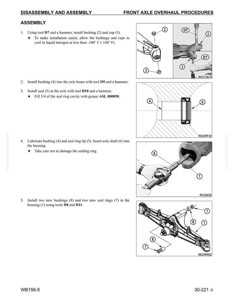 May include: Diagram of front axle overhaul procedures. Instructions include installing bushings, seals, and axle shafts using tools D7, D9, D10, D8, and D11. The image shows various steps with numbered components and tools.