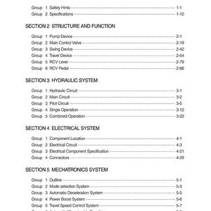 Puede incluir: Un detallado &iacute;ndice de un manual, que enumera secciones sobre informaci&oacute;n general, estructura, funci&oacute;n, sistemas hidr&aacute;ulicos, el&eacute;ctricos y mecatr&oacute;nicos. El texto es negro sobre un fondo blanco.