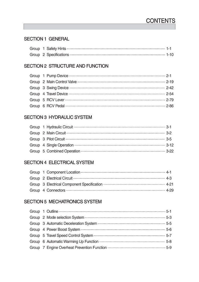 Puede incluir: Un detallado &iacute;ndice de un manual, que enumera secciones sobre informaci&oacute;n general, estructura, funci&oacute;n, sistemas hidr&aacute;ulicos, el&eacute;ctricos y mecatr&oacute;nicos. El texto es negro sobre un fondo blanco.