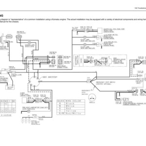 May include: A black and white electrical wiring diagram for a Komatsu engine, labelled "Electric Wiring." The diagram includes components like a key switch, relays, and wiring harnesses. Text includes "Key Switch Diagram."