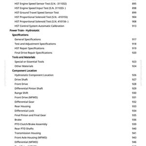 May include: A white document page with a detailed table of contents, including tests, specifications, and component locations for a hydrostatic power train system. The document includes page numbers and technical terms.