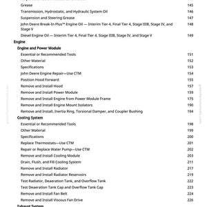 K&ouml;nnte beinhalten: Eine Seite aus einem Handbuch mit einem detaillierten Inhaltsverzeichnis. Themen sind unter anderem &bdquo;Motor&ldquo;, &bdquo;K&uuml;hlsystem&ldquo; und &bdquo;Auspuffanlage&ldquo;. Seitenzahlen sind rechts. Die Website greenfarmmanuals.com ist sichtbar.