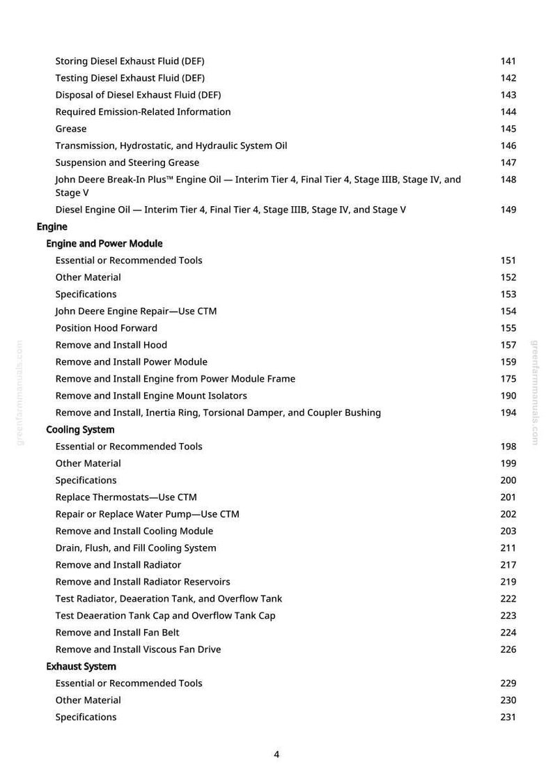 K&ouml;nnte beinhalten: Eine Seite aus einem Handbuch mit einem detaillierten Inhaltsverzeichnis. Themen sind unter anderem &bdquo;Motor&ldquo;, &bdquo;K&uuml;hlsystem&ldquo; und &bdquo;Auspuffanlage&ldquo;. Seitenzahlen sind rechts. Die Website greenfarmmanuals.com ist sichtbar.