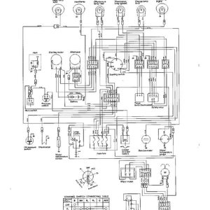 Puede incluir: Un diagrama de circuito el&eacute;ctrico en blanco y negro con etiquetas para varios componentes como faros, motor de arranque y caja de fusibles. El diagrama incluye texto como "Diagrama de circuito el&eacute;ctrico".