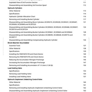 May include: A detailed page from a manual, featuring a table of contents with various sections on hydraulic systems, including "Hydraulic Cylinders," "Shock Absorber Accumulator," and "Load Holding Valve." The text is black on a white background.