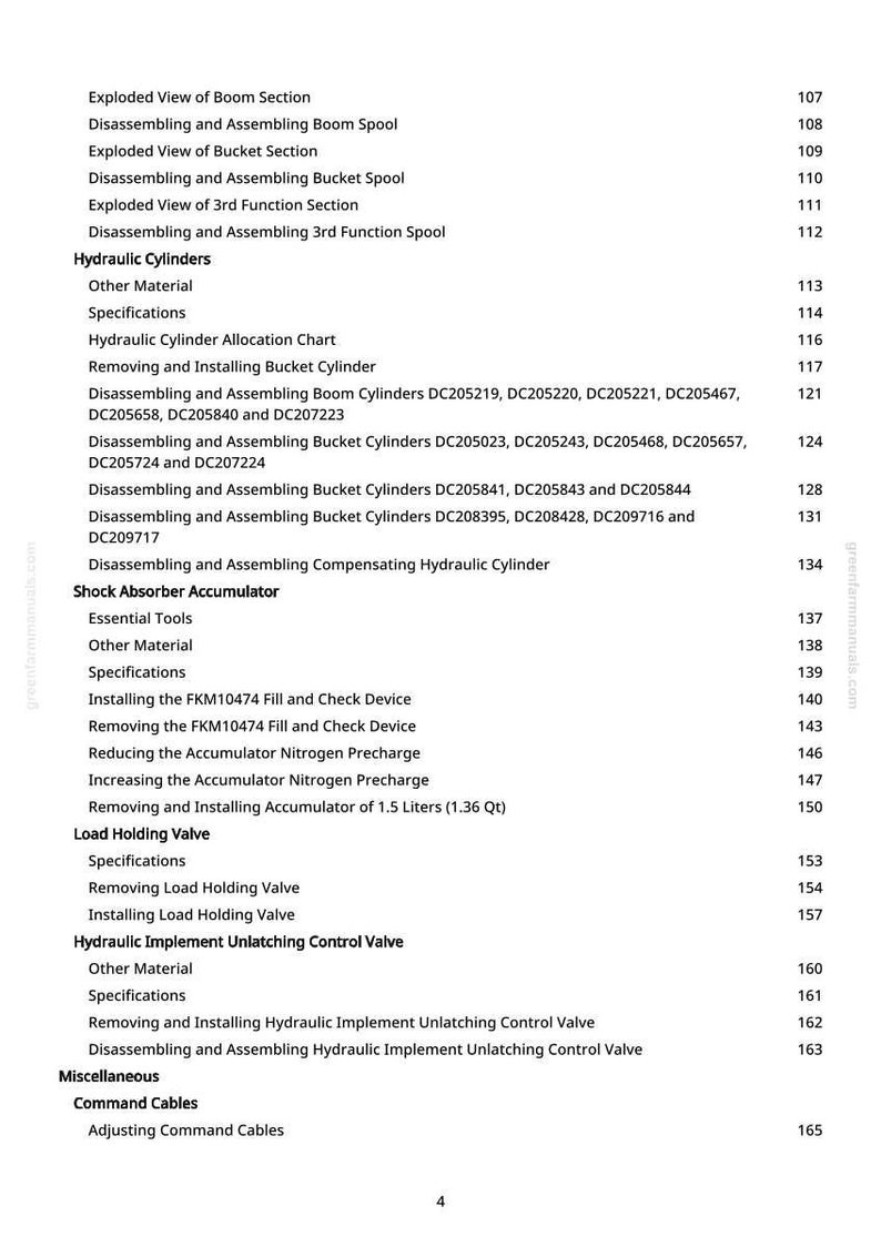 May include: A detailed page from a manual, featuring a table of contents with various sections on hydraulic systems, including "Hydraulic Cylinders," "Shock Absorber Accumulator," and "Load Holding Valve." The text is black on a white background.