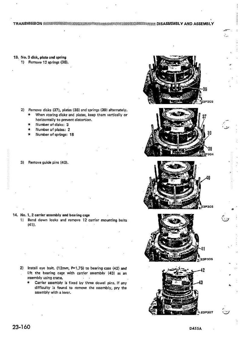 May include: Diagram of a transmission disassembly and assembly process. The image shows various stages of disassembling mechanical components, including springs, disks, and plates. Text and labels identify each part and step in the process.