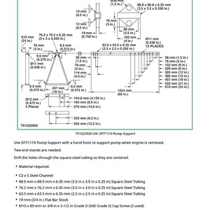 以下が含まれることがあります： DFT1119ポンプサポートの技術図面。mmとインチの寸法が記載されています。鋼管、フラットバー、ネジの仕様が含まれています。この図は、ポンプを支えるための手動ホイストで使用するためのものです。