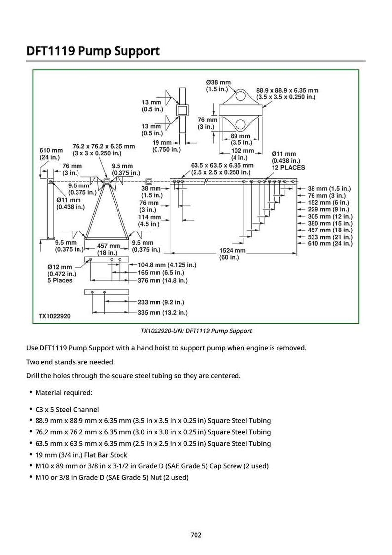 以下が含まれることがあります： DFT1119ポンプサポートの技術図面。mmとインチの寸法が記載されています。鋼管、フラットバー、ネジの仕様が含まれています。この図は、ポンプを支えるための手動ホイストで使用するためのものです。