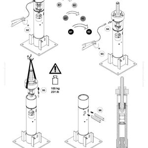 Peut inclure: Diagramme technique d'un composant de machine Komatsu, pr&eacute;sentant plusieurs vues d'une structure cylindrique avec diverses pi&egrave;ces et &eacute;tiquettes. Le diagramme comprend des mesures de 105 kg et le texte "KOMATSU".