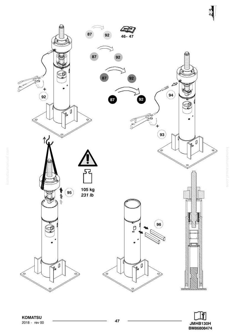 Peut inclure: Diagramme technique d'un composant de machine Komatsu, pr&eacute;sentant plusieurs vues d'une structure cylindrique avec diverses pi&egrave;ces et &eacute;tiquettes. Le diagramme comprend des mesures de 105 kg et le texte "KOMATSU".