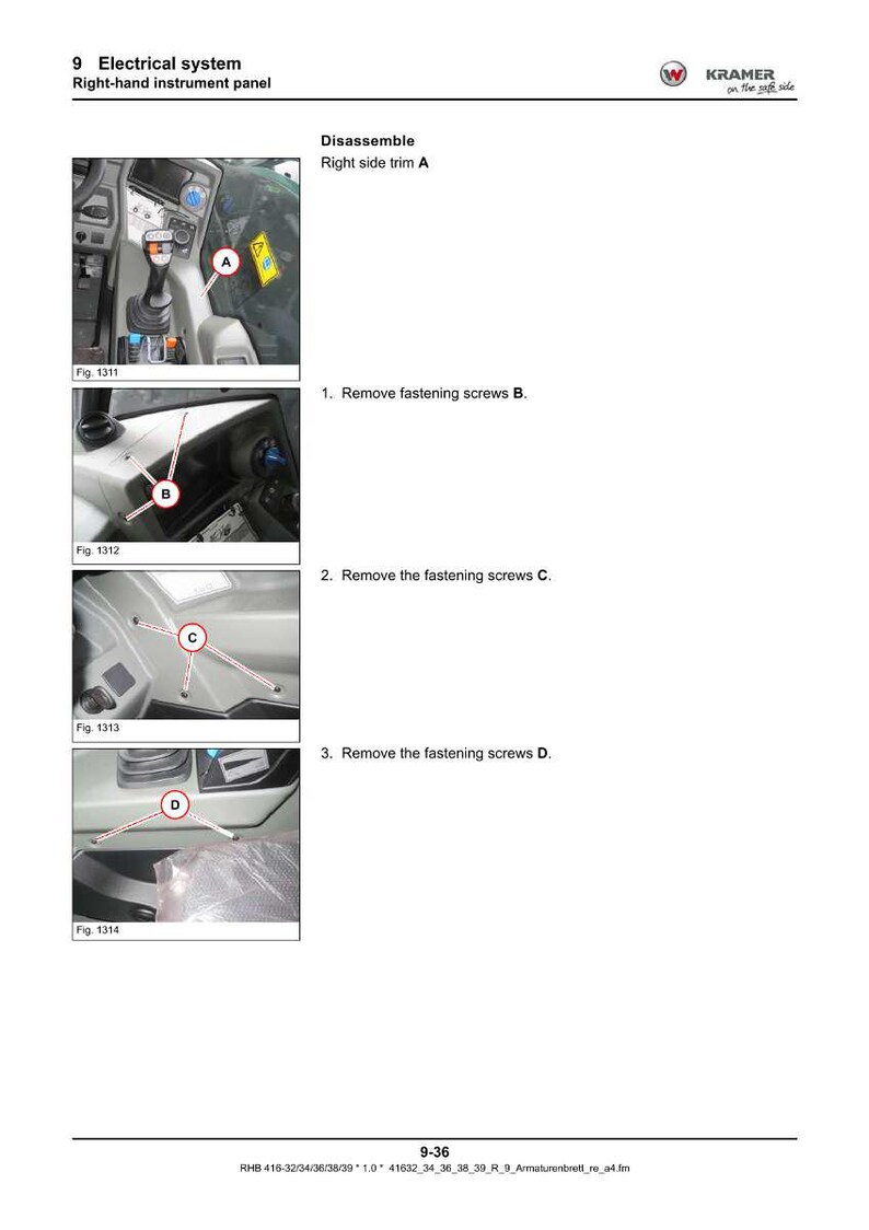 May include: Diagram of a vehicle's right-hand instrument panel, detailing disassembly steps. Includes close-up images with labels for removing screws. Text includes "Electrical system" and "Disassemble Right side trim A."