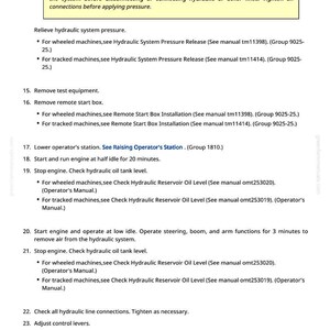 Op de afbeelding: Een pagina uit een groen handboek met veiligheidsinstructies en operationele procedures. De tekst bevat waarschuwingen over hydraulische systemen, stappen voor het verwijderen van apparatuur en het controleren van het oliepeil. Het paginanummer is 166.
