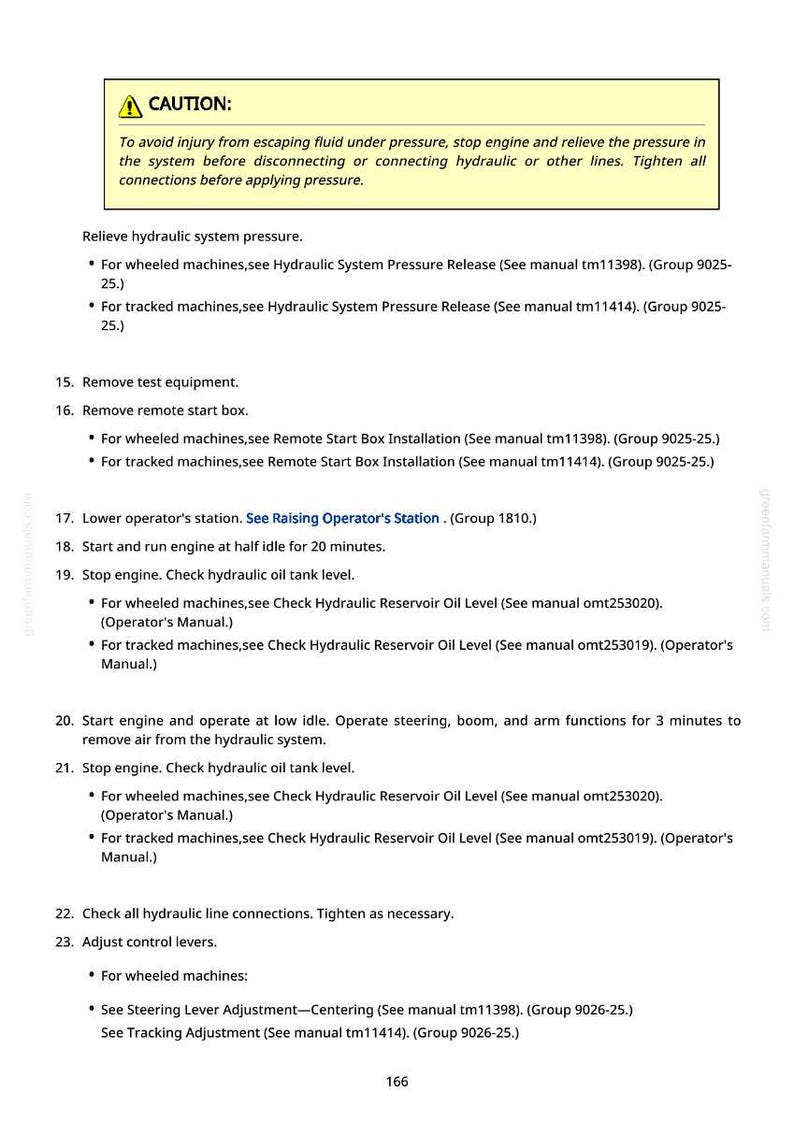 Op de afbeelding: Een pagina uit een groen handboek met veiligheidsinstructies en operationele procedures. De tekst bevat waarschuwingen over hydraulische systemen, stappen voor het verwijderen van apparatuur en het controleren van het oliepeil. Het paginanummer is 166.