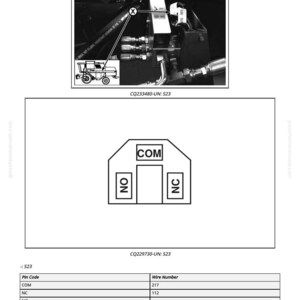 Puede incluir: Diagrama de un conector de interruptor de presi&oacute;n de accionamiento del sinf&iacute;n de descarga, etiquetado S23. La imagen incluye una vista detallada del conector, un esquema con las etiquetas COM, NC y NO, y una tabla con informaci&oacute;n de c&oacute;digo de pin y n&uacute;mero de cable.