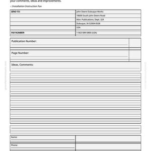 May include: A white form titled "Technical Information Feedback Form" with text fields for information and comments. The form includes the address and fax number for John Deere Dubuque Works.