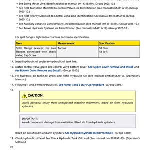 May include: Page from a technical manual with instructions for hydraulic system maintenance. Includes torque specifications of 43 lb-ft and 58 N-m. A caution and important notice are also present, warning of potential hazards.