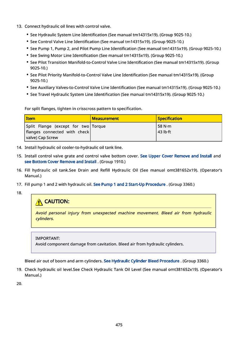 May include: Page from a technical manual with instructions for hydraulic system maintenance. Includes torque specifications of 43 lb-ft and 58 N-m. A caution and important notice are also present, warning of potential hazards.