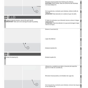 May include: A technical diagram with instructions for disassembly, featuring numbered steps and illustrations. Text in English, Italian, German, Spanish, and French guides the process, with warnings about damaging parts. The DANA logo is visible.