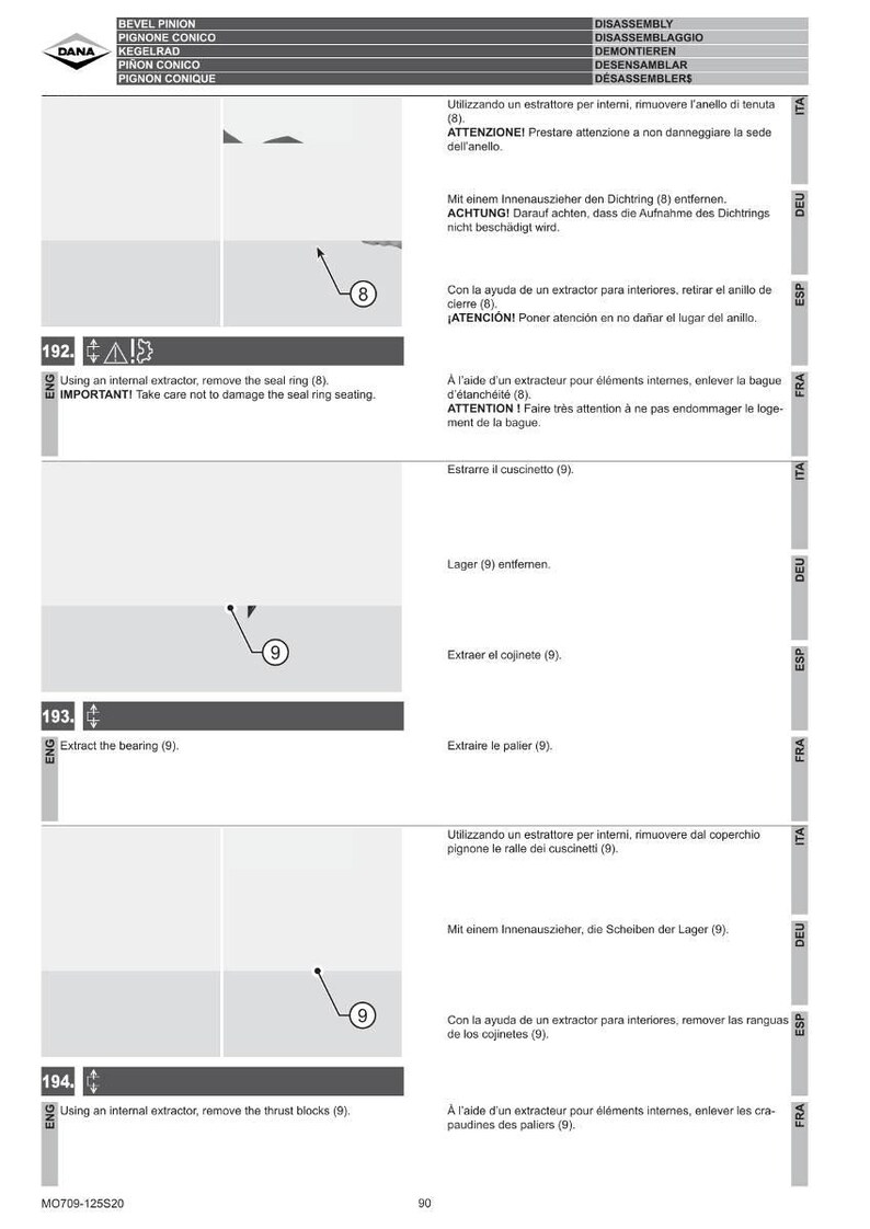 May include: A technical diagram with instructions for disassembly, featuring numbered steps and illustrations. Text in English, Italian, German, Spanish, and French guides the process, with warnings about damaging parts. The DANA logo is visible.