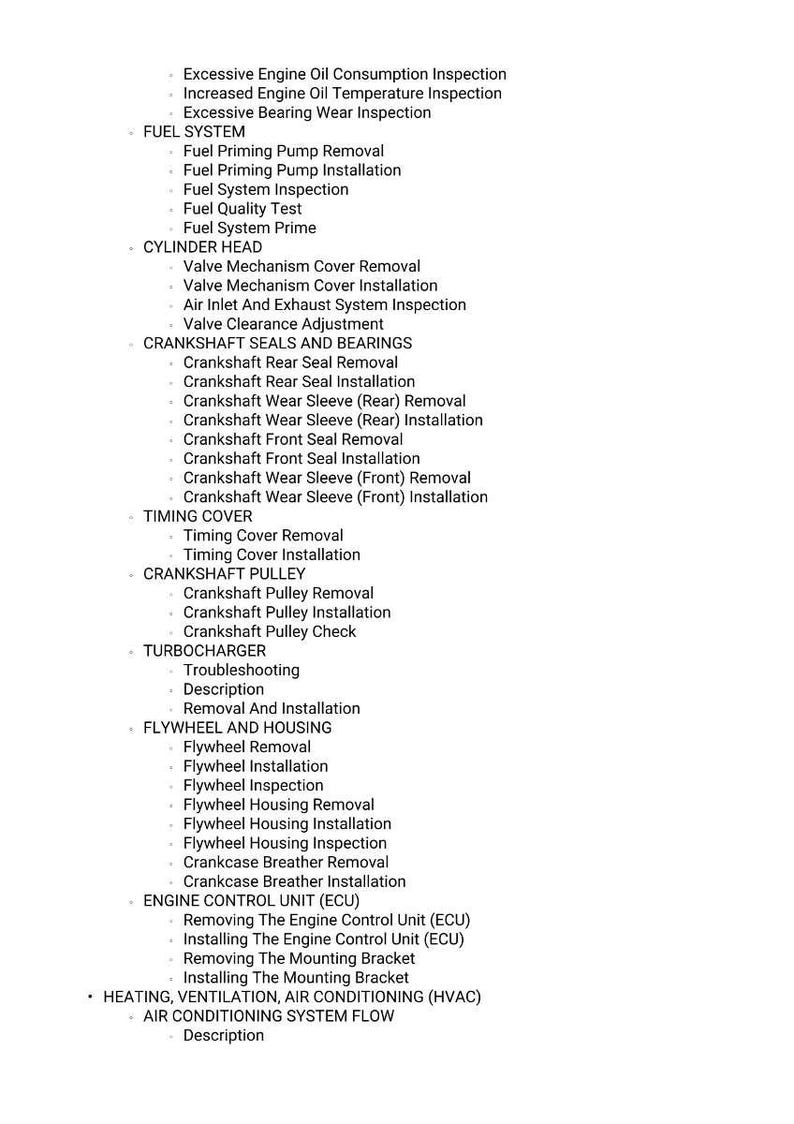 Puede incluir: Una lista detallada de procedimientos de reparaci&oacute;n automotriz, que incluye servicios del sistema de combustible, culata, cig&uuml;e&ntilde;al, tapa de distribuci&oacute;n y unidad de control del motor. Texto negro sobre fondo blanco.