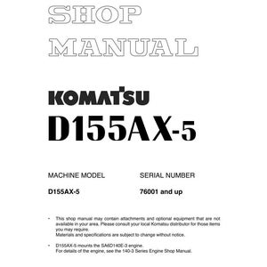 K&ouml;nnte beinhalten: Wei&szlig;es Werkstatthandbuch f&uuml;r die Maschine Komatsu D155AX-5. Das Cover zeigt den Text "SHOP MANUAL" in fetter, umrandeter Schrift, mit dem Komatsu-Logo und der Modellnummer. Die Seriennummer ist 76001 und h&ouml;her.