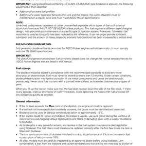 May include: A page from a manual detailing maintenance instructions for diesel engines. The text covers topics like fuel types, storage, and general information, including warnings about biodiesel and engine oil.