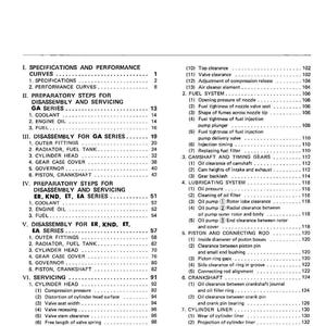 May include: A detailed table of contents from a manual, with headings and subheadings in black text on a white background. The document covers specifications, disassembly, servicing, and other technical topics related to engines.