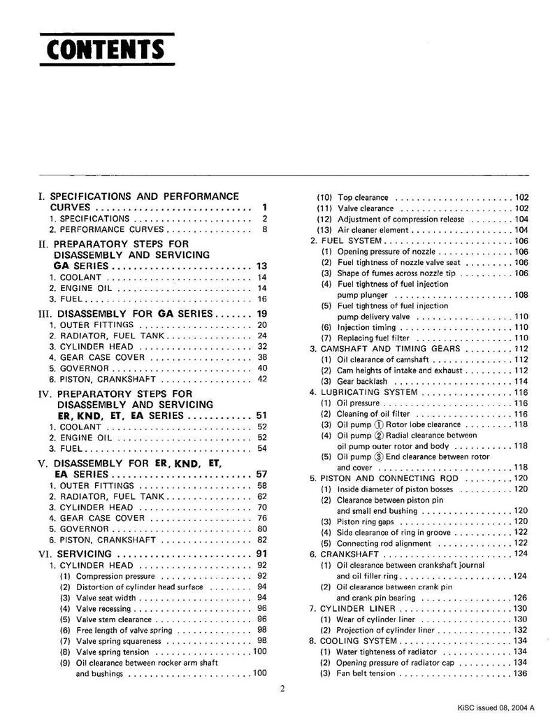 May include: A detailed table of contents from a manual, with headings and subheadings in black text on a white background. The document covers specifications, disassembly, servicing, and other technical topics related to engines.