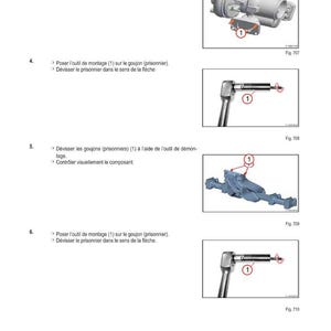 Op de afbeelding: Diagram uit een handleiding met de stappen voor een mechanische ingreep. De afbeeldingen tonen gereedschappen en componenten met genummerde labels, waaronder een sleutel en machineonderdelen. De tekst, in het Frans, legt de procedure uit.