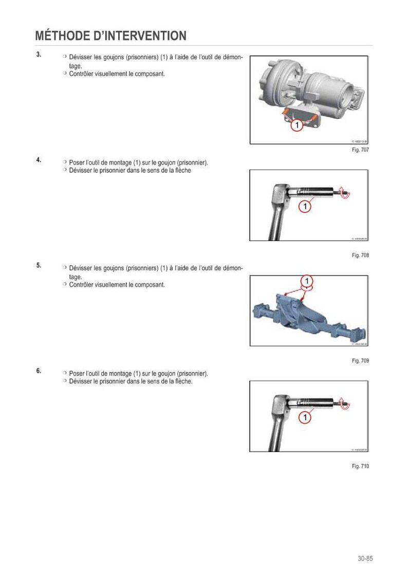 Op de afbeelding: Diagram uit een handleiding met de stappen voor een mechanische ingreep. De afbeeldingen tonen gereedschappen en componenten met genummerde labels, waaronder een sleutel en machineonderdelen. De tekst, in het Frans, legt de procedure uit.
