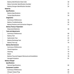 May include: A white page from a manual with a table of contents. The text includes sections on batteries, diagnostics, and battery chargers. Page numbers are listed on the right side.