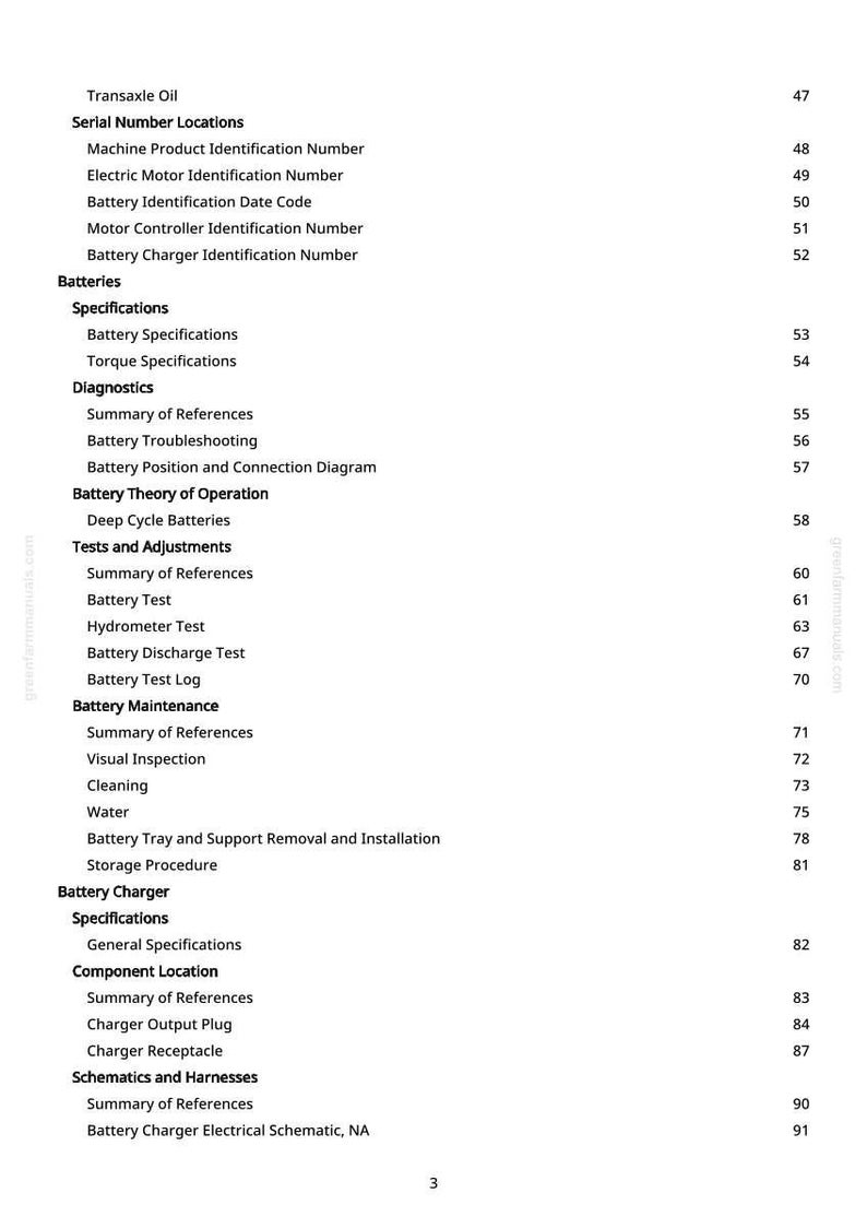 May include: A white page from a manual with a table of contents. The text includes sections on batteries, diagnostics, and battery chargers. Page numbers are listed on the right side.