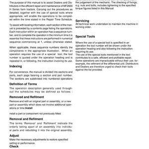 May include: A page from a Massey Ferguson MF2640 2WD/4WD Workshop Service Manual. The manual's introduction and safety section is visible, with headings like 'Introduction', 'Servicing', and 'Special Tools'. The text describes repair and maintenance procedures for farm tractors.