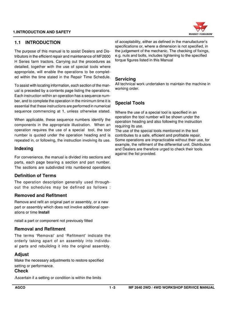 May include: A page from a Massey Ferguson MF2640 2WD/4WD Workshop Service Manual. The manual's introduction and safety section is visible, with headings like 'Introduction', 'Servicing', and 'Special Tools'. The text describes repair and maintenance procedures for farm tractors.