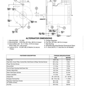 May include: Technical diagram of an alternator, featuring detailed dimensions in inches and feet, along with torque specifications in SAE and metric units. Includes diagrams of mounting bolts, voltage regulator, and fan nut, with a table of fastener descriptions.