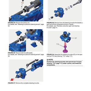 May include: A page from an axle service manual showing the disassembly of a steering knuckle. The diagrams show various steps, including removing the sensor pin, double u-joint, and knuckle posts. Text includes instructions and figure numbers.