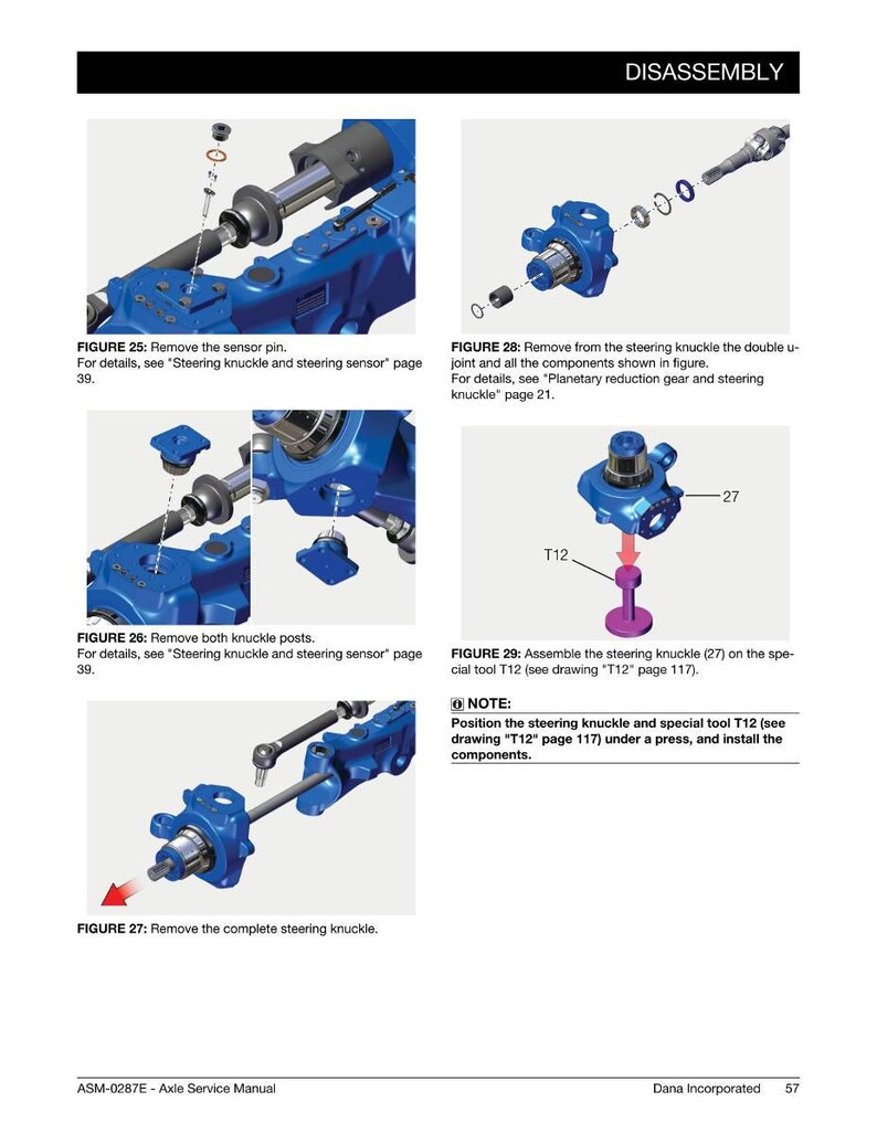 May include: A page from an axle service manual showing the disassembly of a steering knuckle. The diagrams show various steps, including removing the sensor pin, double u-joint, and knuckle posts. Text includes instructions and figure numbers.