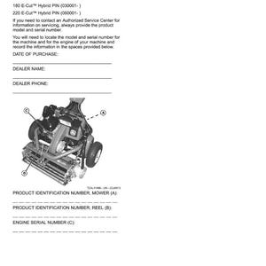 May include: Product identification document for a Walk Greens Mower. The document includes a diagram of the mower, along with fields for the date of purchase, dealer name, and dealer phone. The document also lists record identification numbers.