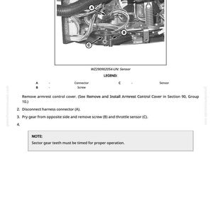 K&ouml;nnte beinhalten: Diagramm zur Entfernung und zum Einbau eines Drosselsensors. Das Bild enth&auml;lt eine detaillierte Ansicht des Sensors mit den beschrifteten Komponenten A, B und C sowie Anweisungen und einen Hinweis zur Zahnrad-Timing.