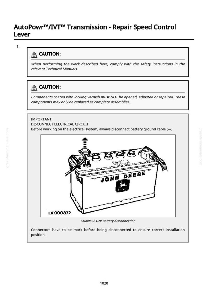May include: Diagram of a John Deere battery with the text "JOHN DEERE" and the part number LX 000872. The image includes safety warnings and instructions for disconnecting the electrical circuit before working on the system.