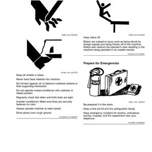 May include: A safety manual page with black and white illustrations and text. The page includes warnings about operating a mower-conditioner and emergency preparedness. It features diagrams of hands, a person falling, and a first aid kit.