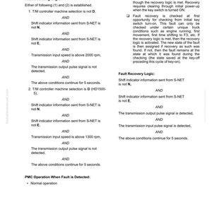 May include: A technical document page with the title "T/M OUTPUT SPEED SIGNAL LOST." The page details fault detecting logic, fault recovery classification, and recovery logic. Text includes conditions and actions related to a PMC controller.