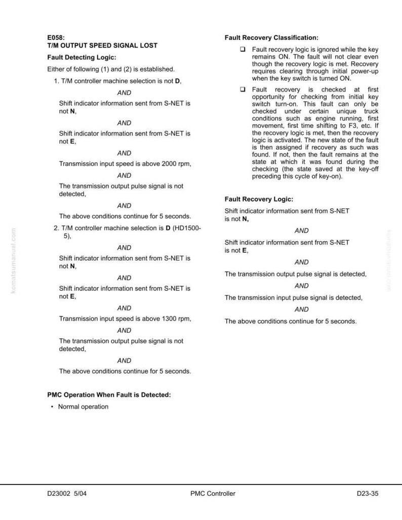 May include: A technical document page with the title "T/M OUTPUT SPEED SIGNAL LOST." The page details fault detecting logic, fault recovery classification, and recovery logic. Text includes conditions and actions related to a PMC controller.