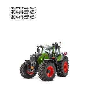 K&ouml;nnte beinhalten: Ein gr&uuml;ner und schwarzer Fendt-Traktor mit roten R&auml;dern ist in diesem Bild zu sehen. Der Traktor ist ein Modell Fendt 720 Vario Gen7. Das Bild enth&auml;lt auch den Text "Workshop Service Manual" und das Fendt-Logo.