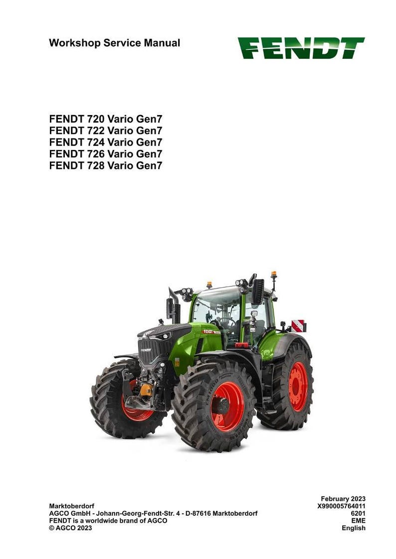 K&ouml;nnte beinhalten: Ein gr&uuml;ner und schwarzer Fendt-Traktor mit roten R&auml;dern ist in diesem Bild zu sehen. Der Traktor ist ein Modell Fendt 720 Vario Gen7. Das Bild enth&auml;lt auch den Text "Workshop Service Manual" und das Fendt-Logo.