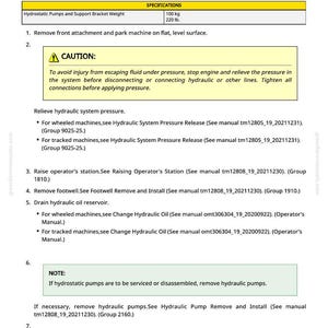 May include: A page from a technical manual detailing the removal and installation of a hydrostatic pump. It includes specifications, such as the weight of the hydrostatic pumps and support bracket, which is 100 kg. Instructions and safety advice are provided.
