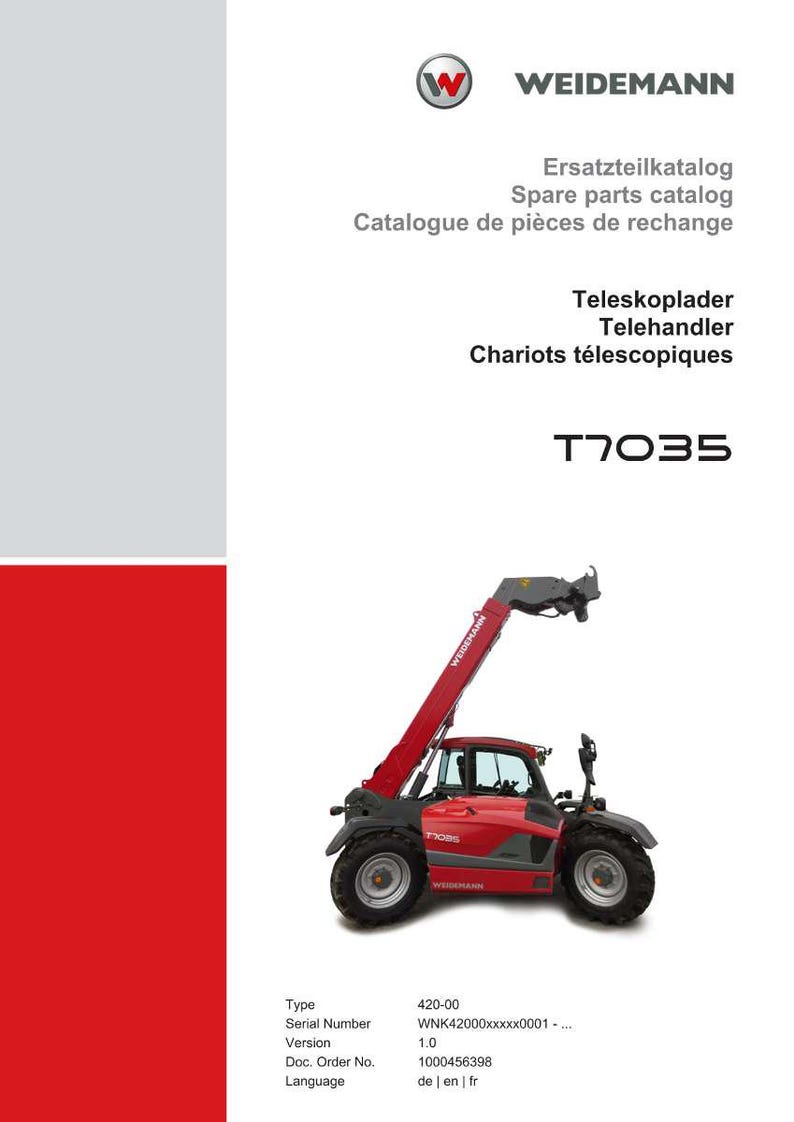 May include: A red and grey Weidemann T7035 telescopic handler. The image includes the text "Ersatzteilkatalog Spare parts catalog Catalogue de pi&egrave;ces de rechange Teleskoplader Telehandler Chariots t&eacute;lescopiques".